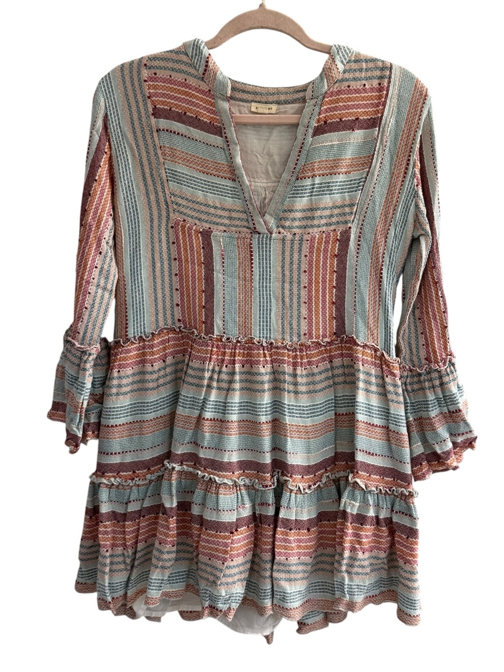 En Creme Darlene Striped Tiered Babydoll Mini Dress Womens Med Boho Bell Sleeve